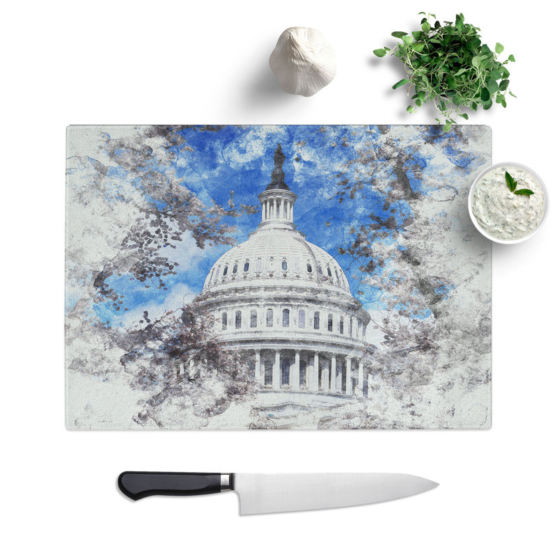 Tempered Glass Capitol Hill and Cherry Blossom Tree Chopping Board, 28.5 cm x 39 cm