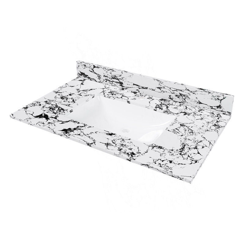 Plateau de meuble-lavabo 37 po x 22 po, avec lavabo et dosseret en céramique encastré, comptoir de salle de bain en marbre artificiel avec 1 trou pré-percé, blanc et noir New Carrara (seulement le comptoir de meuble-lavabo)