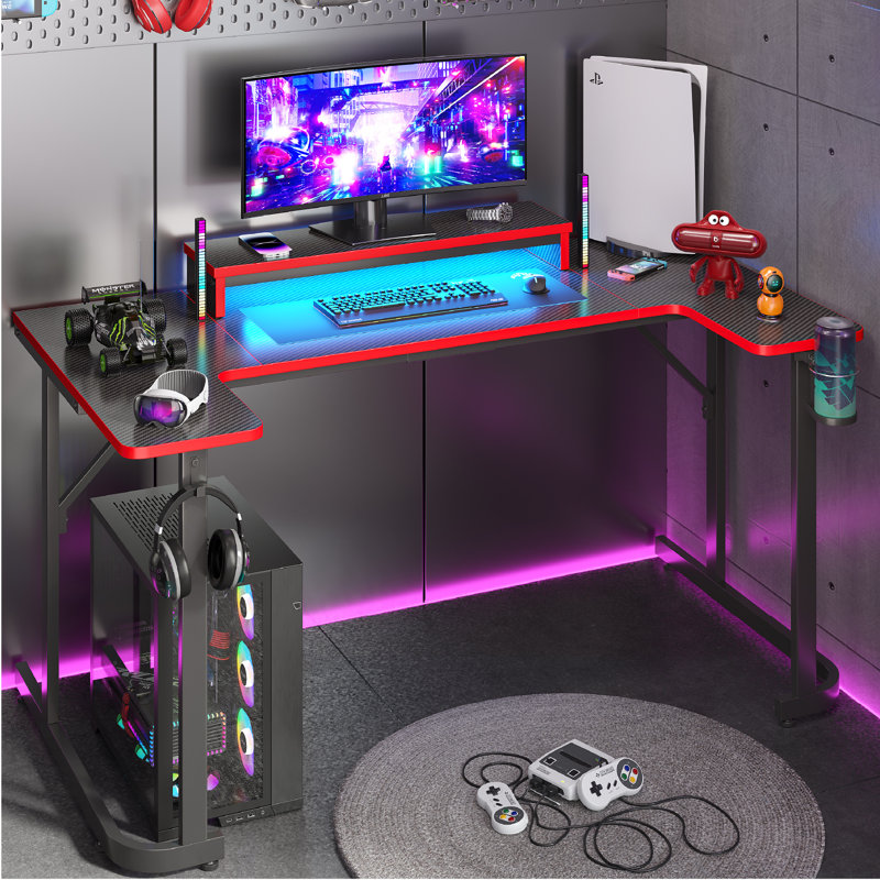 Monike 51“/59” U-Shaped Computer Desks with LED Lights, Gaming Desks with Monitor Stand, Headphone Hook and Cup Holder