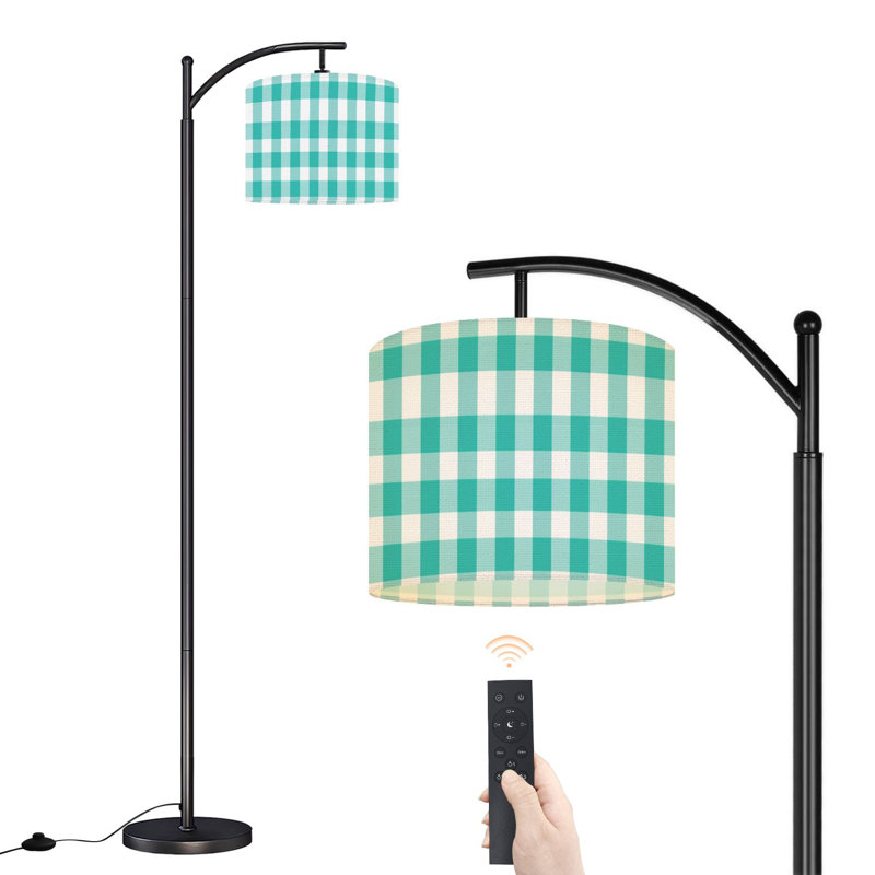 Lampe sur pied à arc avec abat-jour réglable Turquoise blanc à carreaux vichy sur pied 3 températures de couleur à intensité variable pour poteau avec interrupteur au pied pour la chambre à coucher