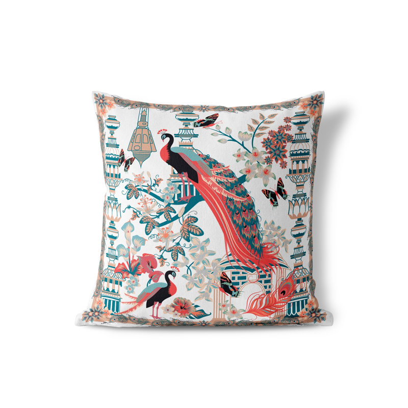 Housse de coussin intérieur / extérieur en polyester Peacock Paradise, 26 po x 26 po, Blanc