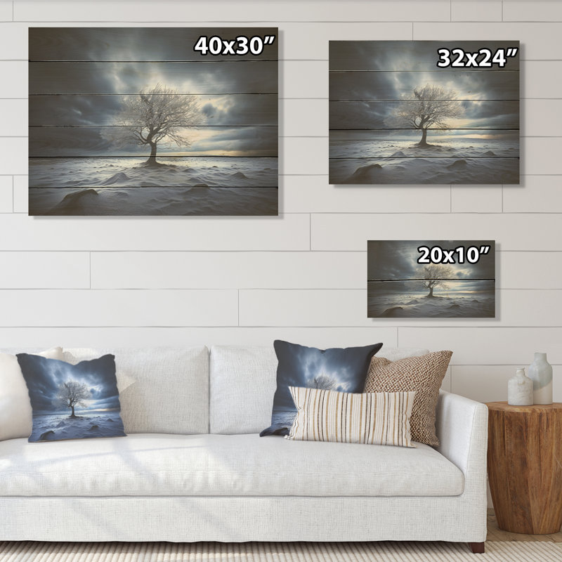 Black And White Photography Winter Tree - Tree Wood Wall Art On Natural Pine Wood, 10" H x 20" W