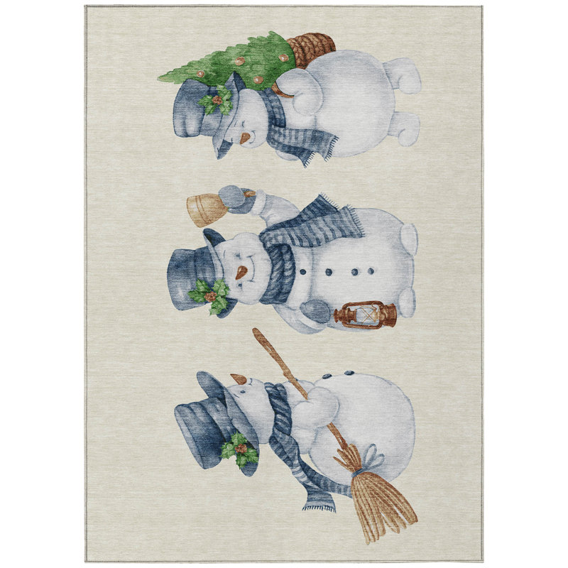Tapis ivoire bonhomme de neige intérieur / extérieur lavable à la machine Xhevrie, Rectangle 9 pi x 12 pi