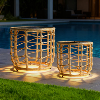  17.7" Solar Powered Integrated LED Outdoor Side Tables Set of 2, Round Waterproof Accent End Table Design for Patio Porch Garden Balcony