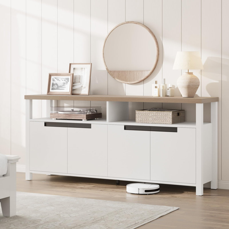 Meuble télé, avec rangement et tablette ouverte, Blanc / Gris
