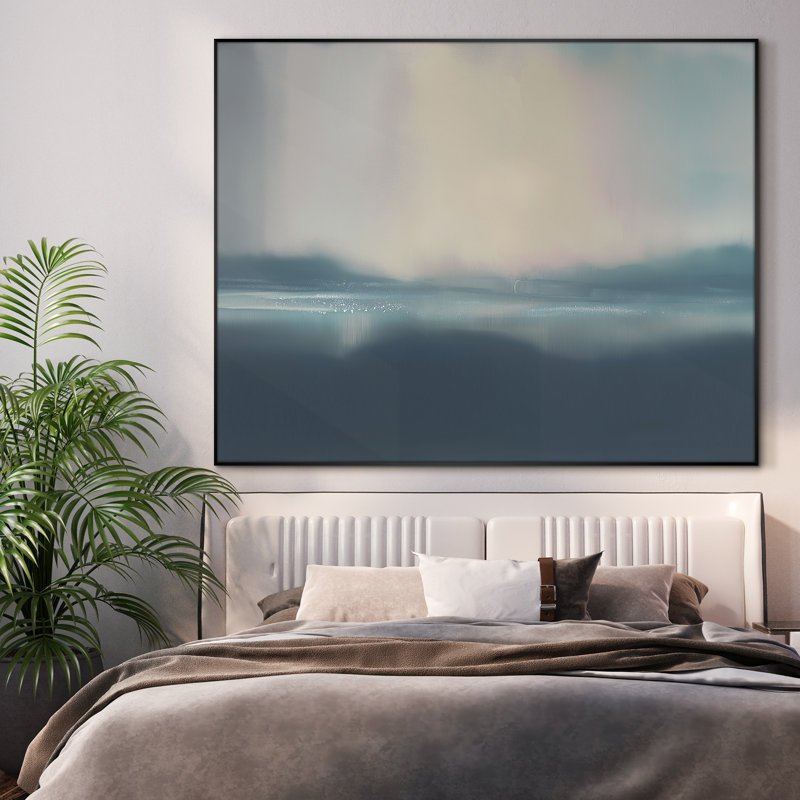 Très grande reproduction d'art sur toile - Horizon brumeux doux en bleu et beige, décoration pour le salon ou la chambre à coucher - «Assemblage requis du cadre (cadre non fini)»