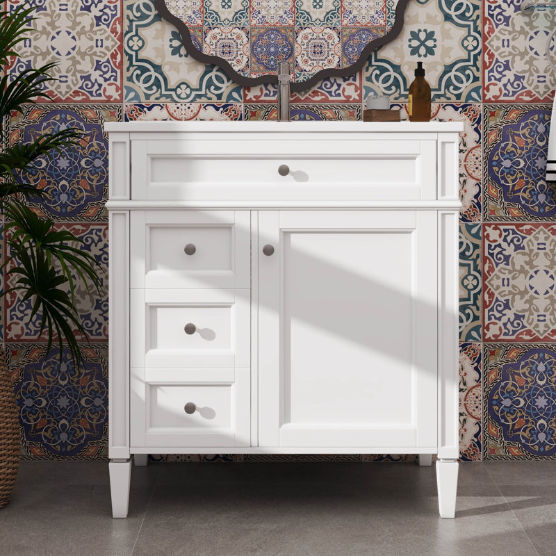 Meuble-lavabo innovant de 30 po avec lavabo, 2 tiroirs, une armoire et un tiroir basculant, Blanc / argenté