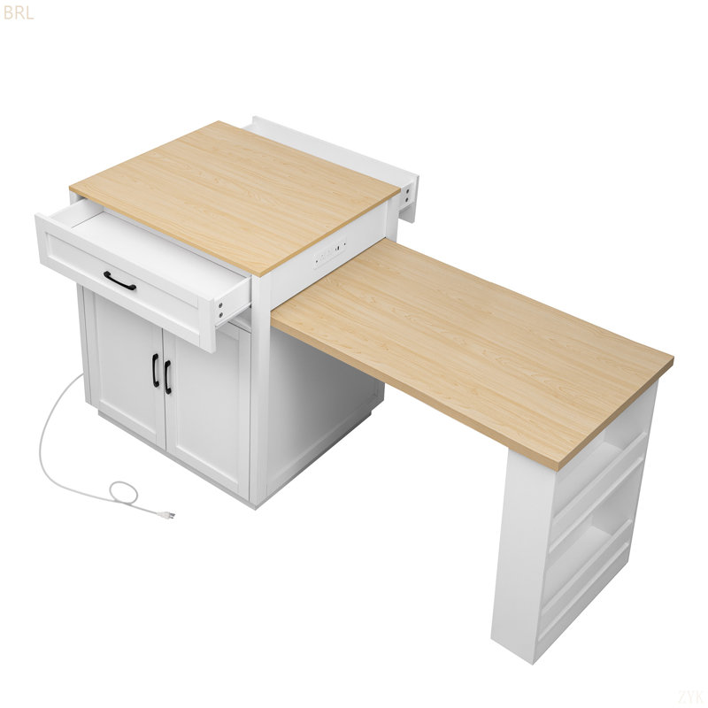 82.7 Inch Kitchen Island With Extendable Dining Table For 4-6 Person,Faux Marble Kitchen Table With Double-Sized Storage,Power Outlet,Kitchen Island With Storage 2 Drawers 2 Side Open Shelves