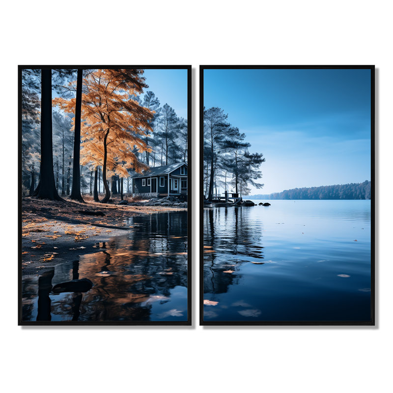 Lake Blue Lakeside Whispers - art mural bleu, H 36 po x l 48 po, Cadre flottant, Noir