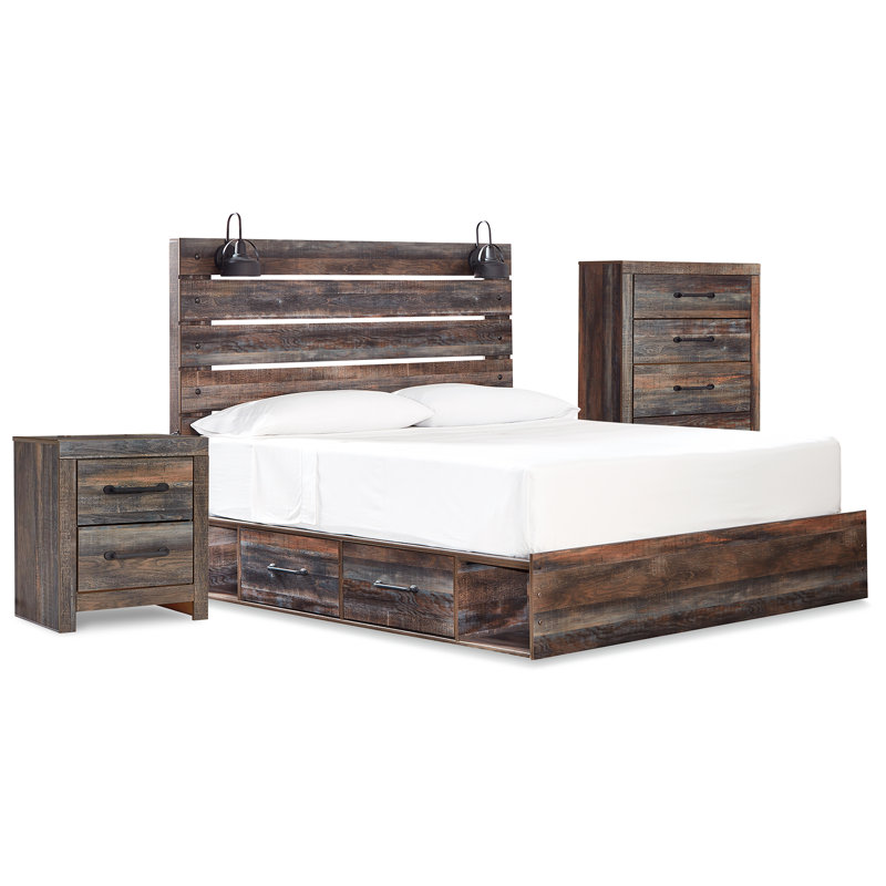 Grand lit à panneau avec rangement, commode et table de chevet Drystan