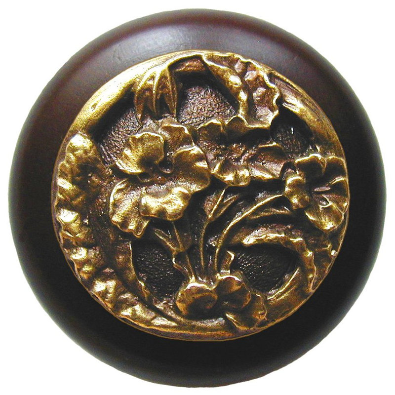 Poignée champignon floral de 1,5 po de diamètre, Laiton antique / bois de noyer foncé