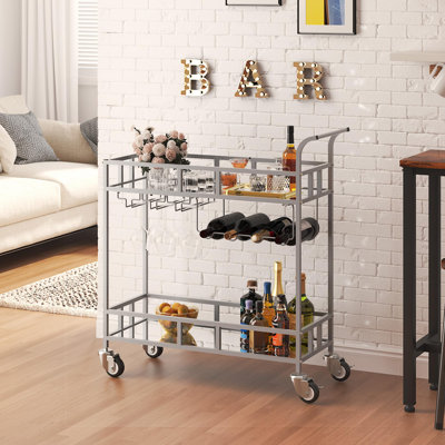 2 Tier Rolling Wine Bar Cart for Home, Small Alcohol Liquor Cart with Mirrored Shelves, Wine Racks & Glass Holder, Compact for Dining Room Living Room Party, Silver