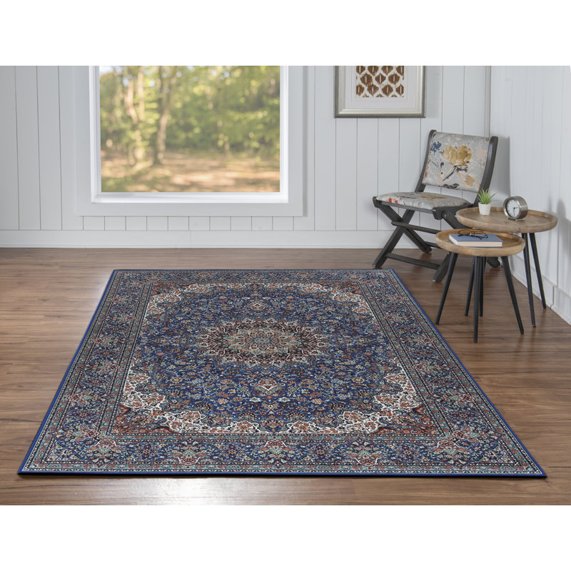 Breedlove Traditional Machine Woven Flatweave Blue and Ivory Area Rug with Non Skid Backing, Rectangle 6'7" x 9'7"