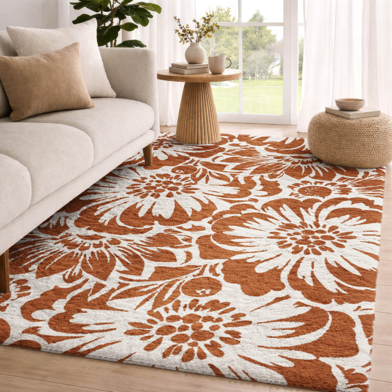 Premium Machine Washable Dream Shag ADS551 Floral Rug, Paprika, 9' x 12'