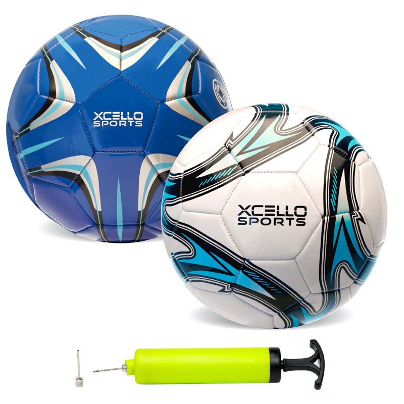 Ballons de soccer Xcello Sports, taille 3, graphiques assortis avec pompe, paquet de 2, Blanc / bleu