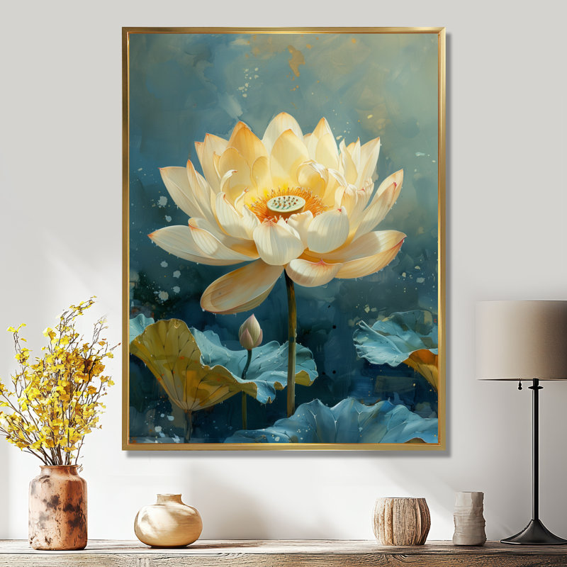 Étang de lotus beige et bleu au printemps, H 12 po x l 20 po, Cadre flottant doré