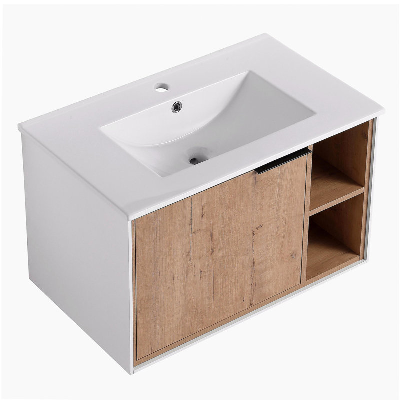 Armoire de salle de bain murale moderne flottante avec bol en céramique et portes d'armoire à fermeture en douceur