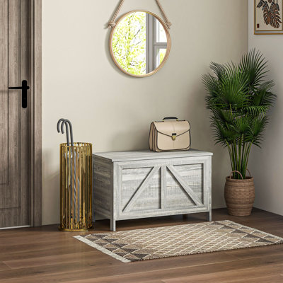 HOMCOM 30" Farmhouse Storage Chest, Lift Top Box Organizer With Safety Hinge To Open Up 100° For Bedroom, Entryway, Living Room, Gray Wood Grain