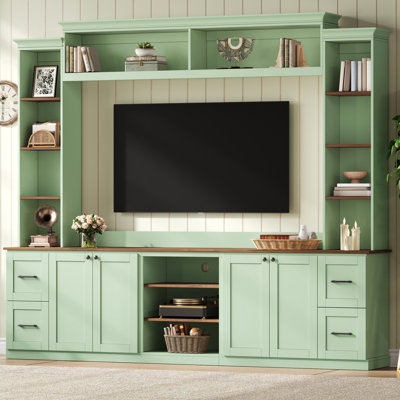 Meuble télé de 41 pouces pour téléviseurs jusqu'à 70 pouces, couleur menthe, élégant meuble multimédia rétro, tiroirs et système de gestion des câbles, étagères réglables en noyer, configuration des trous