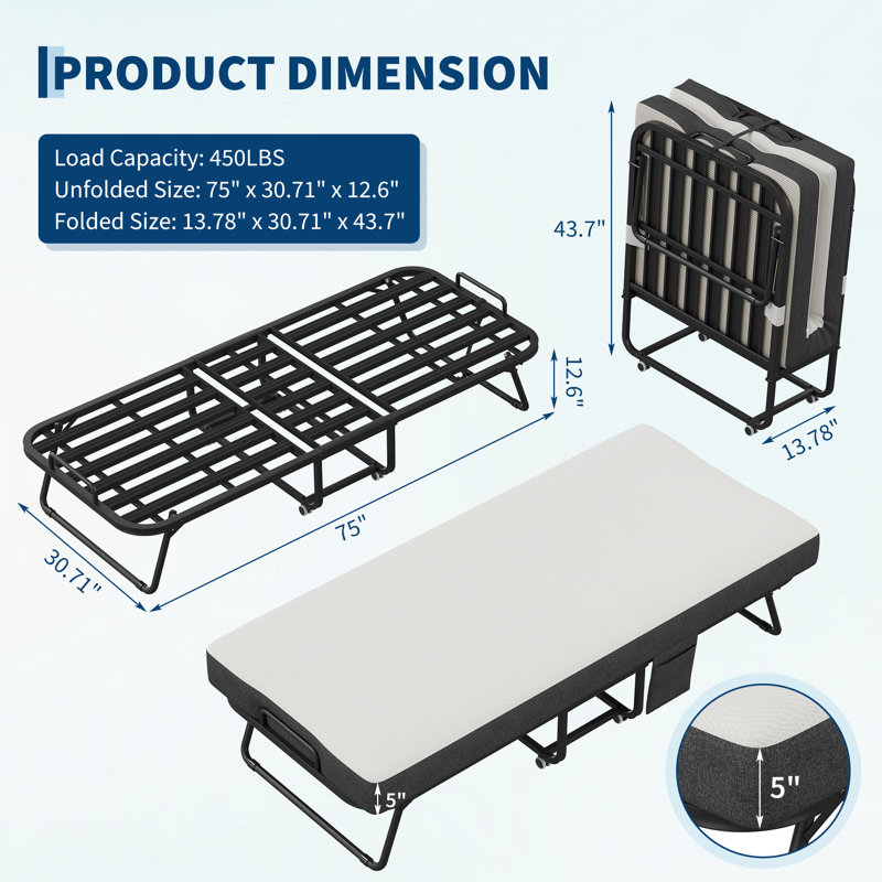 Lit d'invité pliant extra large avec matelas en mousse à mémoire de forme de 12 cm - Structure en métal robuste, capacité de 200 kg, portable avec roues, 75 x 31 pouces