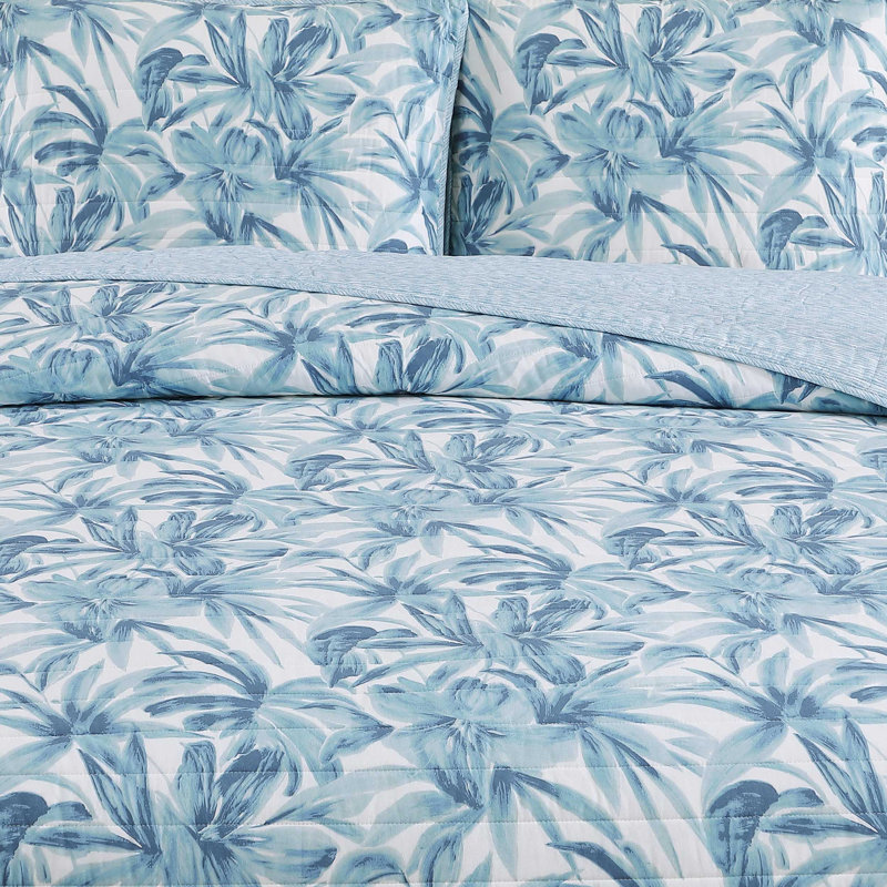 Tommy Bahama Aubrey Cotton Reversible Quilt Set, Blue Floral, Queen Quilt + 2 Standard Pillow Shams