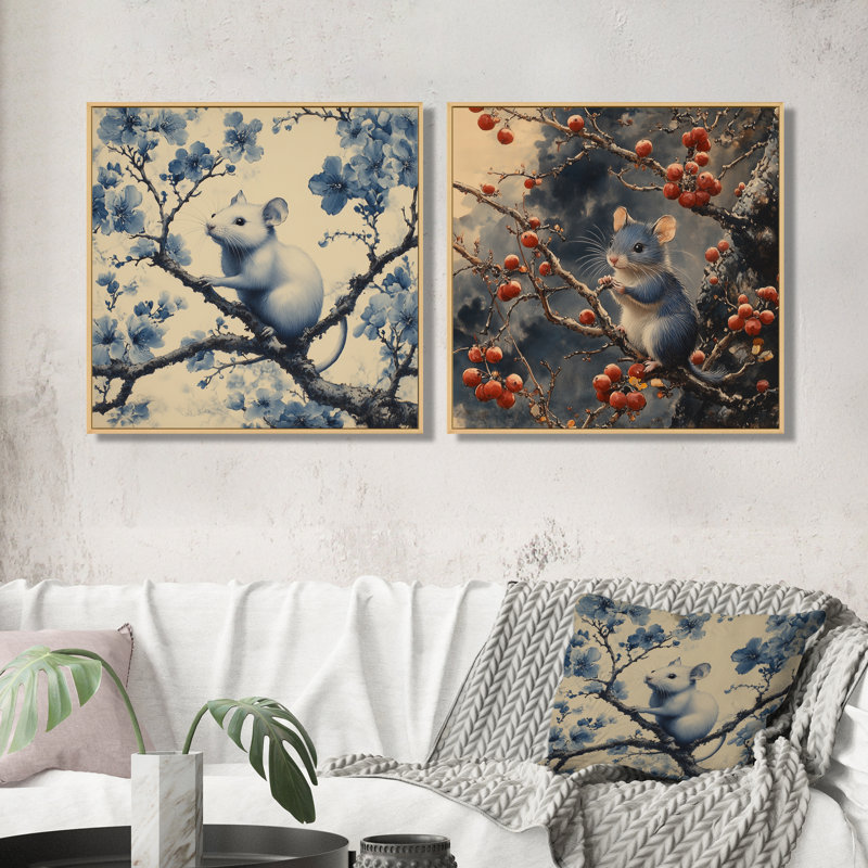 «Chinoiserie Blue Mouse on Tree III» - art mural souris - ensemble de 2 décorations murales modernes, Crème, crème