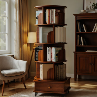 Floor Standing Wood Narrow Book Shelf Organizer With 360 Degree Rotating 5 Tier And Drawer, Display Corner Bookshelf For Small Spaces, Walnut Brown Bedroom Living Room,