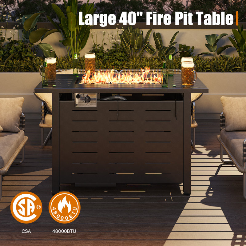 25" H X 40" W Iron Propane Outdoor Fire Pit Table With Cover