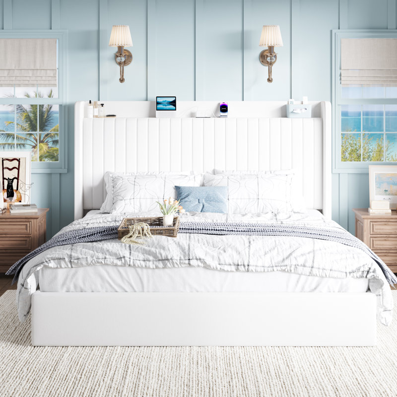 Hydraulic Lift Up Storage Upholstered Platform Bed With Shelf And Charging Station, White, King