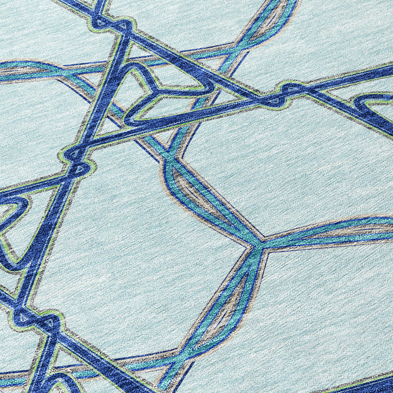 Sky Blue Geometric Synthetic Rectangular Indoor/Outdoor Rug 3x5