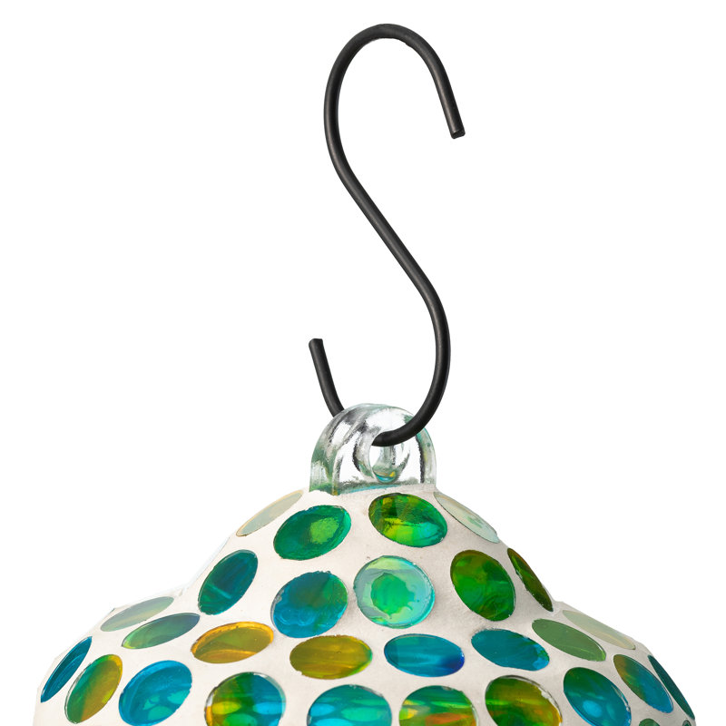 8.25"H Blue/Green Dots & Ladybugs Glass Hanging Hummingbird Feeder