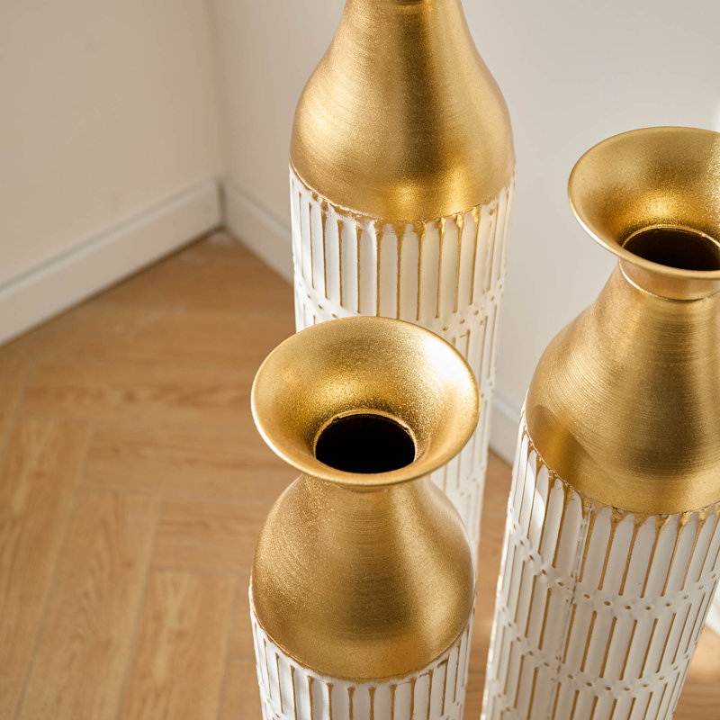 Medhansh White and Gold Floor Vase, Large Metal Floor Vase with Embossed Stripe Pattern, Antique White Finish (Set of 3)