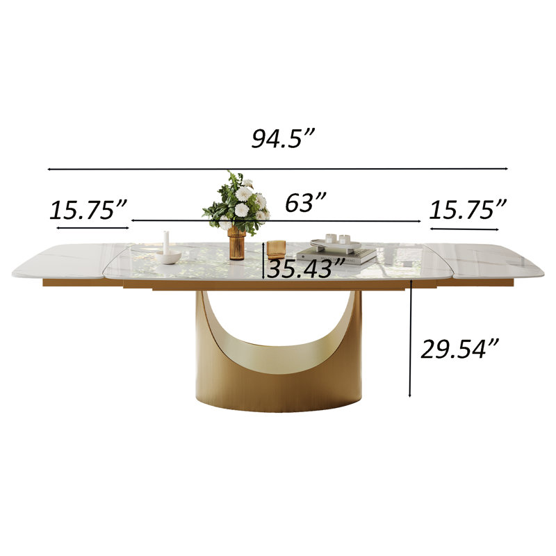 63-95" Extendable Modern Dining Table for 4-10, Glossy Faux Marble Table with Bronze Moon Steel Leg , White Marble