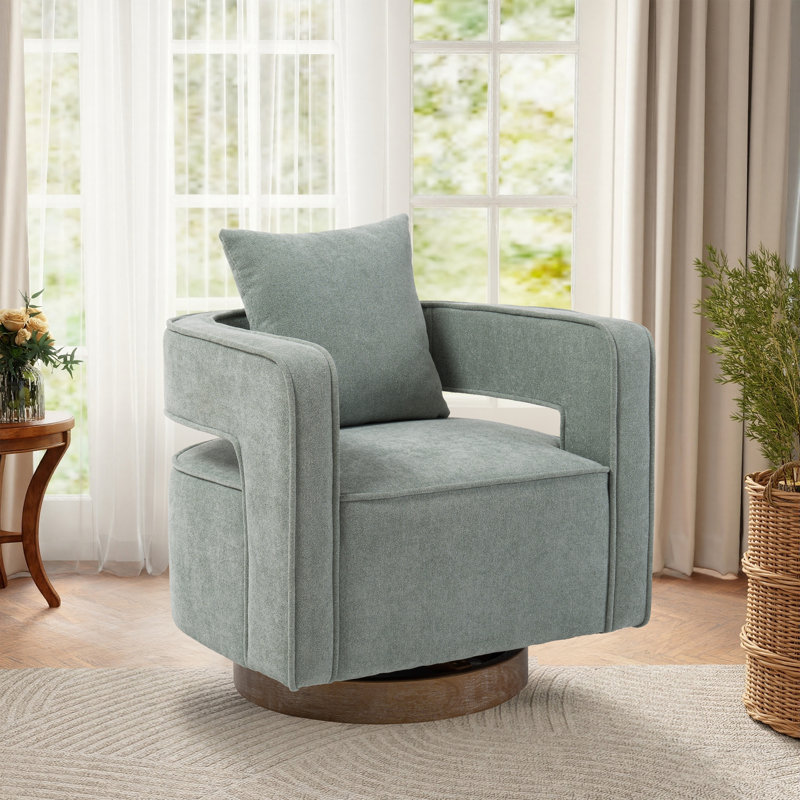 Fauteuil demi-tonneau moderne pivotant avec dossier ouvert, Mélange de lin vert pâle
