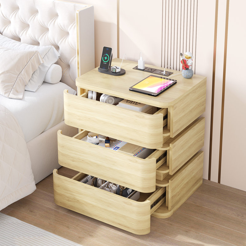 Fully Assembled 3-Drawer Nightstand with Charging Station and Motion Sensor RGB Light, Curved Profil, Natural