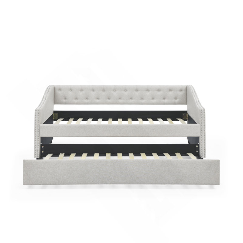 Twin Size Daybed With Twin Size Trundle Upholstered Tufted Sofa Bed, With Button On Back And Copper Nail On Waved Shape Arms