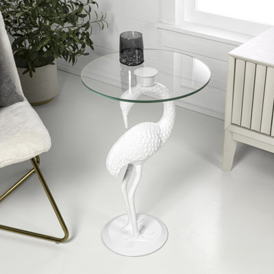 Blanche 25" Coastal White Flamingo Accent End Table, Round Clear Glass Top & Glossy Iron Base, Whimsical Side Table for Living Room