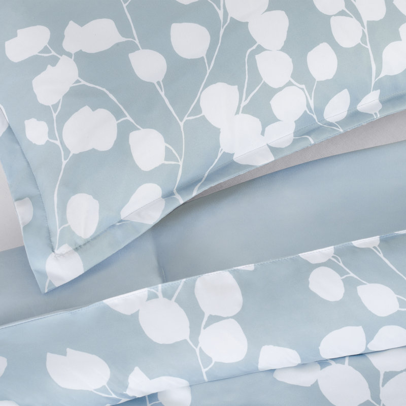 Serta Simply Clean Ellen Botanical Leaf Antimicrobial Complete Bedding Set With Sheets, Light Blue/White