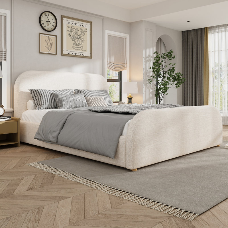 Structure de lit avec tête de lit tapissier recouverte de lin, pieds en bois massif, beige, Très grand
