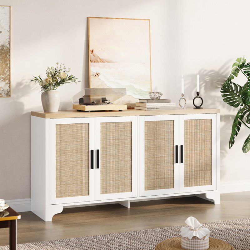 Armoire de rangement 62 pouces avec 4 portes et tablettes, table d'appoint de style campagne moderne, console en bois avec rangement pour la cuisine et la salle à manger