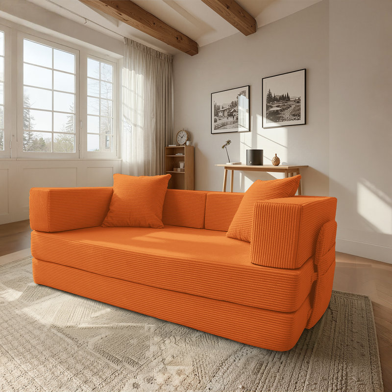 Boneless 82" Convertible Sofa Bed, Compression Foam Couch with 4 Fixed Shelves & 2 Storage Bags, Modular Pull-Out Couch with High-Resilience Foam, Corduroy Folding Sofa Bed for Living Room, Bedroom