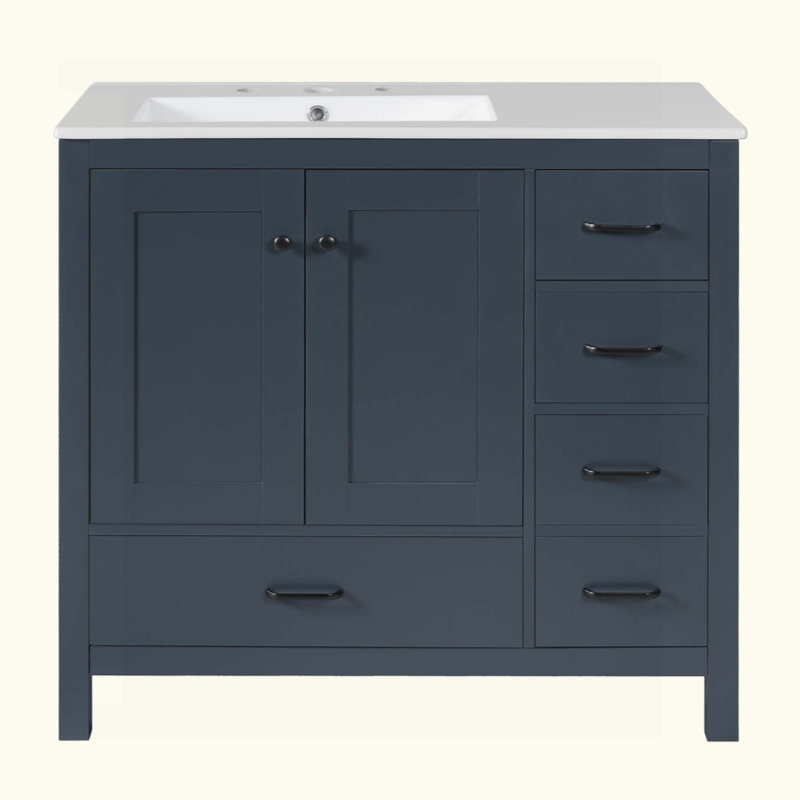 Ensemble de meuble-lavabo avec lavabo en céramique, armoire de rangement abondante, 2 portes à fermeture douce et 5 tiroirs