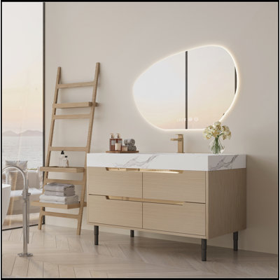 Meuble-lavabo moderne avec comptoir en pierre frittée, lavabo encastré et 4 tiroirs, en bois massif imperméable à plusieurs couches, autoportant / mural
