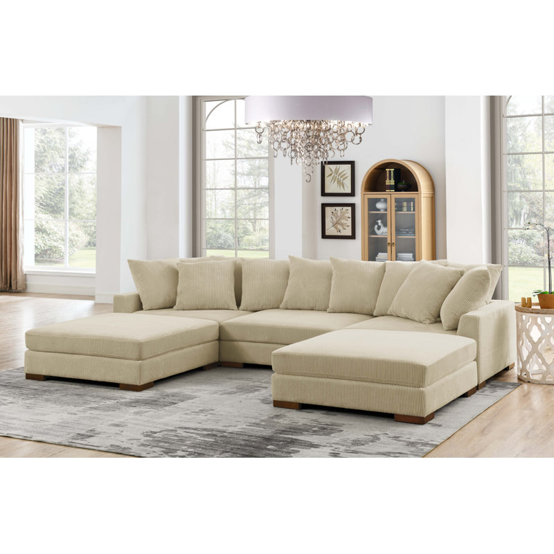Canapé modulaire rembourré 5 pièces Blondun, Velours côtelé beige