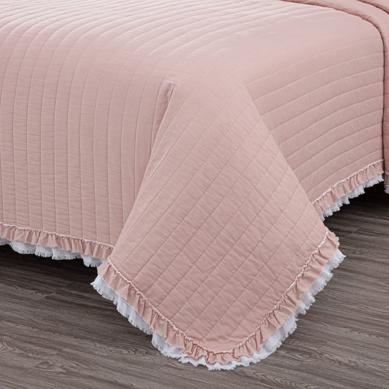 Bonnie Double Frayed Ruffled Edge Cotton Quilt Set, White/Blush, Queen Quilt + 2 Standard Shams