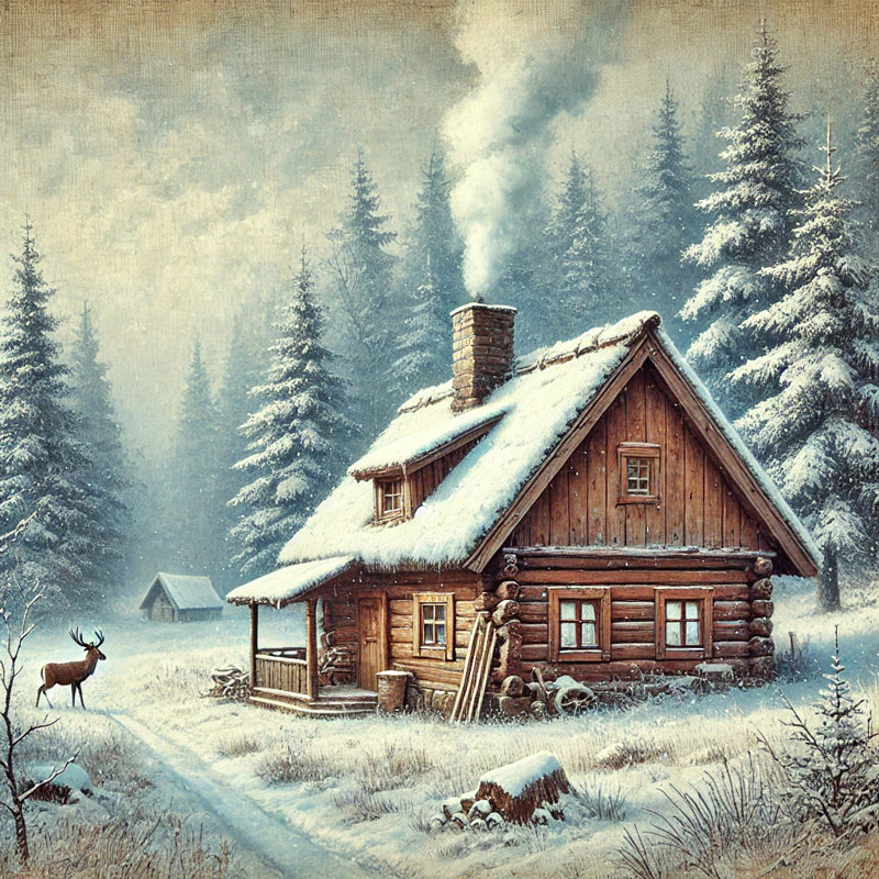 «Rustic Winter Cabin in Snowy Forest», art mural sur toile, H 12 po x l 12 po x P 1 po