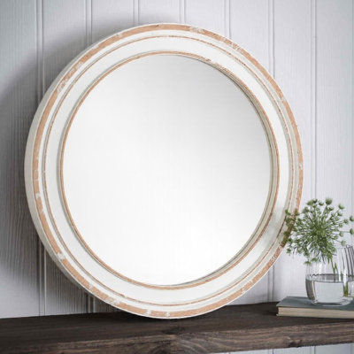 24 Inch Round Wooden Framed Mirror, Rustic Wood Wall Mirror for Farmhouse, Bedroom, Entryway