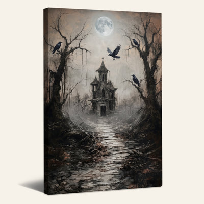 «Haunted House with Crows and Full Moon», art mural sur toile