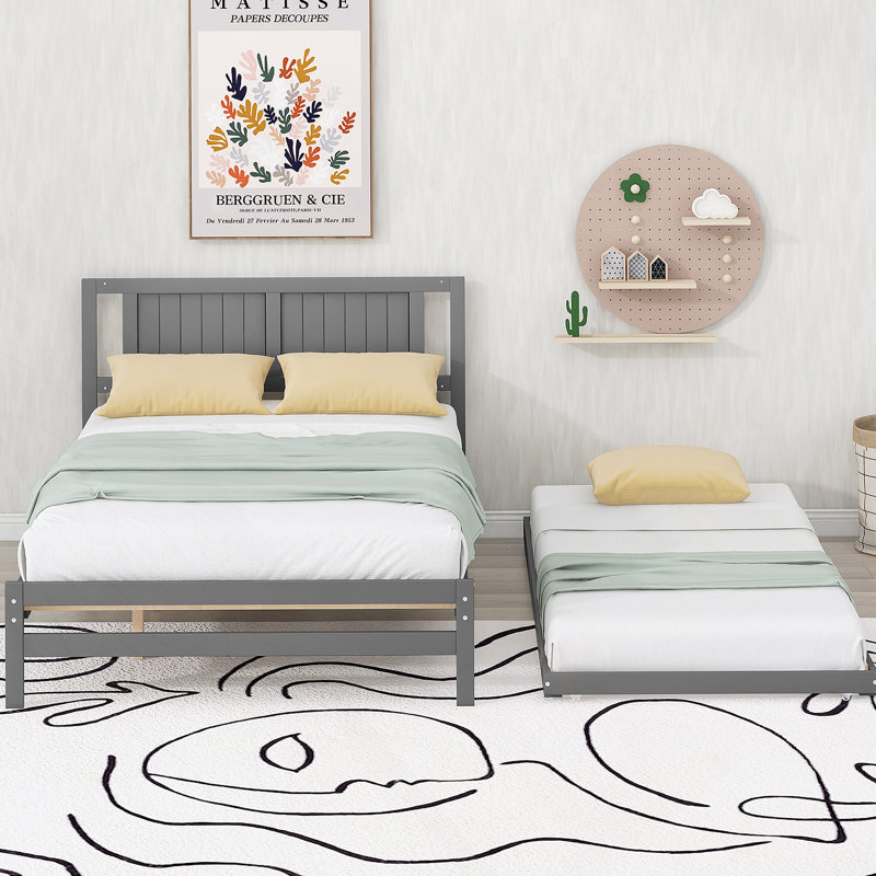 Lit plateforme double avec lit gigogne réglable, gris, Gris
