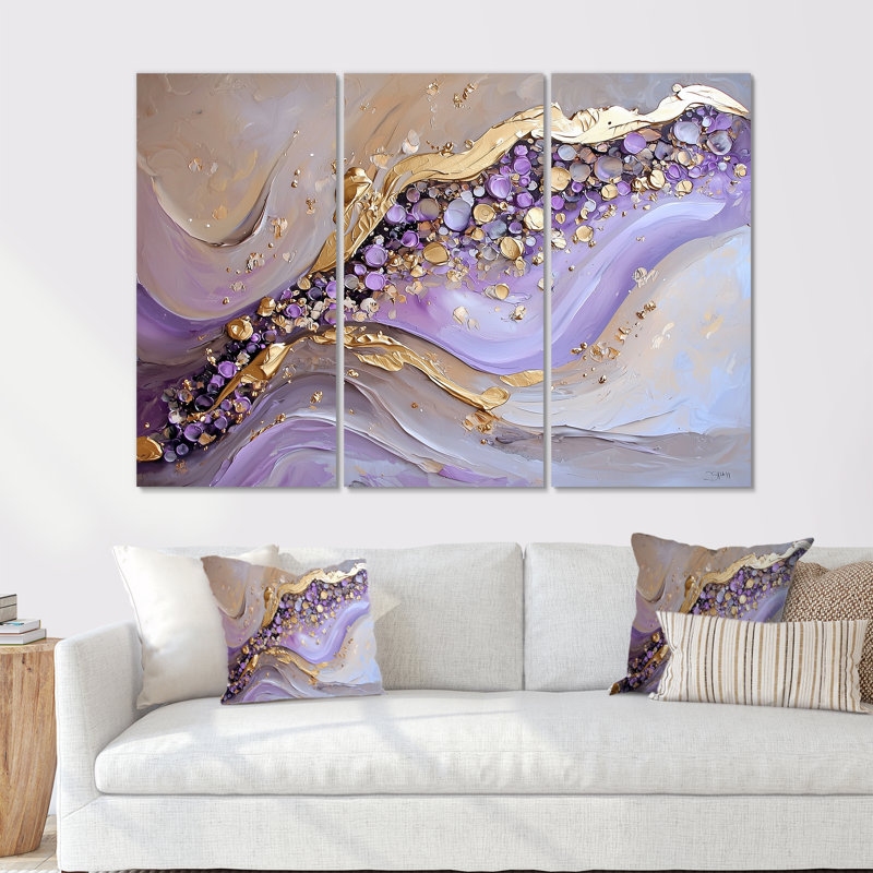 Or et mauve Geode Stones River II, H 32 po x l 48 po, Toile tendue, Ne s’applique pas